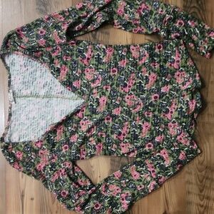 Free People Ciara Floral Print Light Thermal Base Layer Top L Olive Combo Small